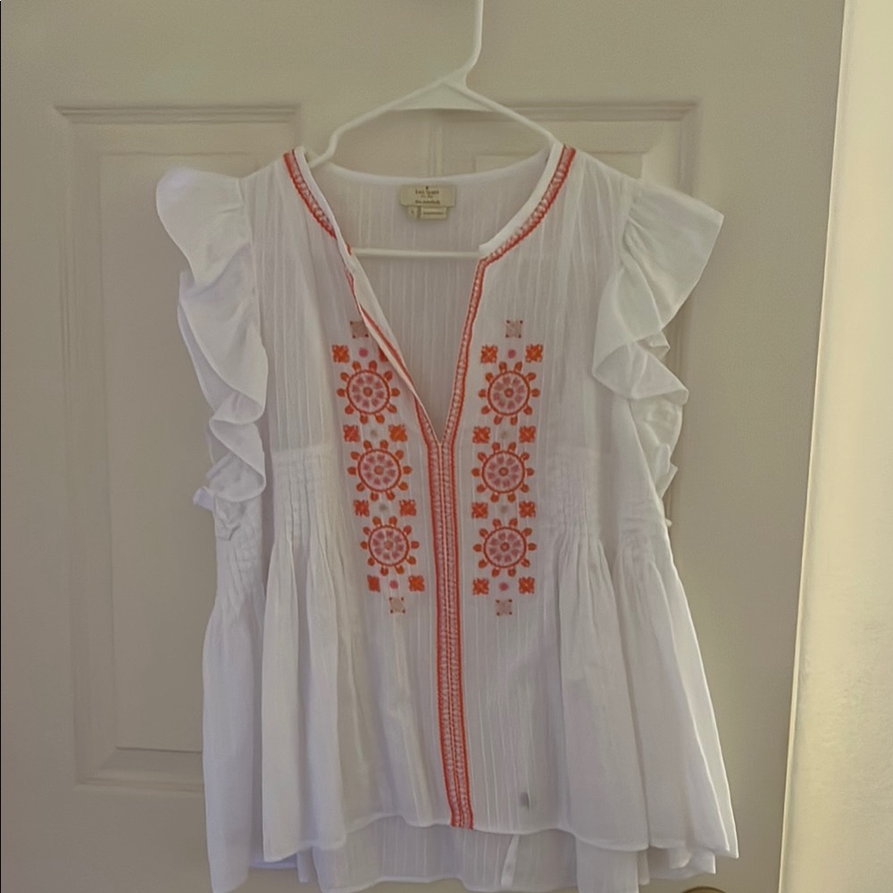 Kate Spade White Blouse with Orange Embroidery